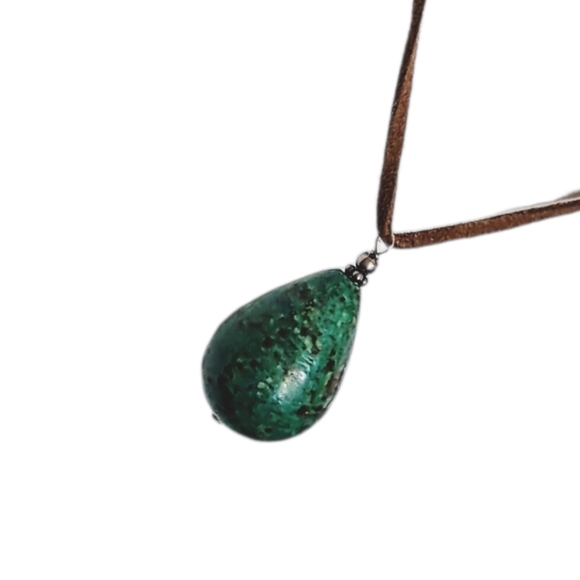 Green Jasper Teardrop Pendant Necklace on Brown Leather Cord Artisan Style NWOT - Picture 4 of 6